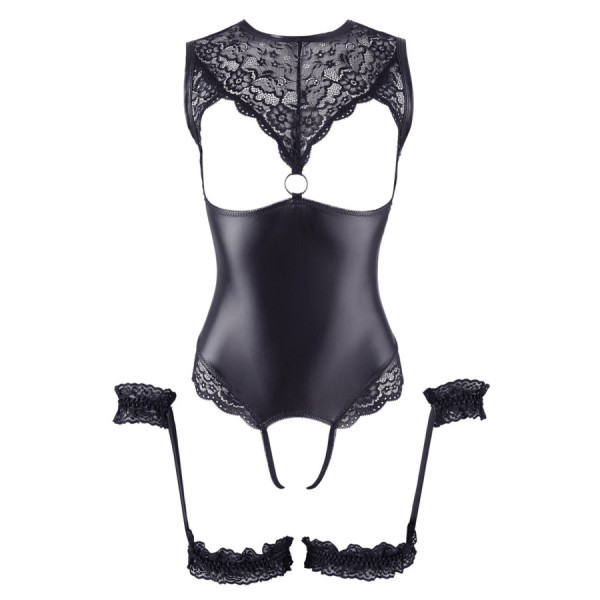 Body en dentelle et simili cuir ouvert avec menottes 